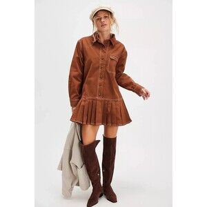 Free People Connor Mini Dress Long Sleeve Cotton Golden Brown Slouchy XS 279629